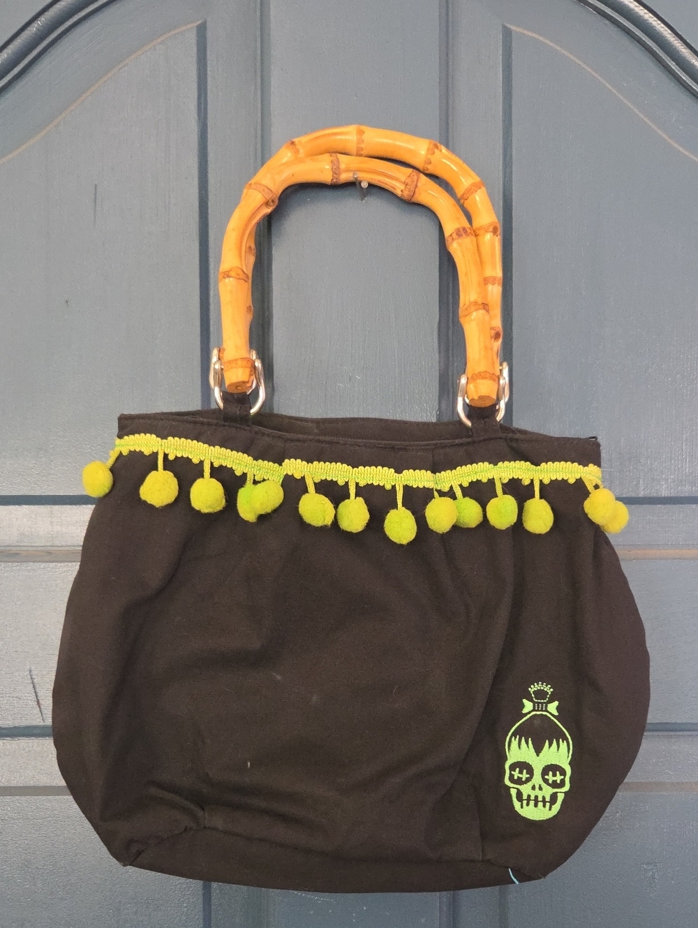 SOURPUSS Small Tote Bag with Lime Pom Trim and Bamboo Handles